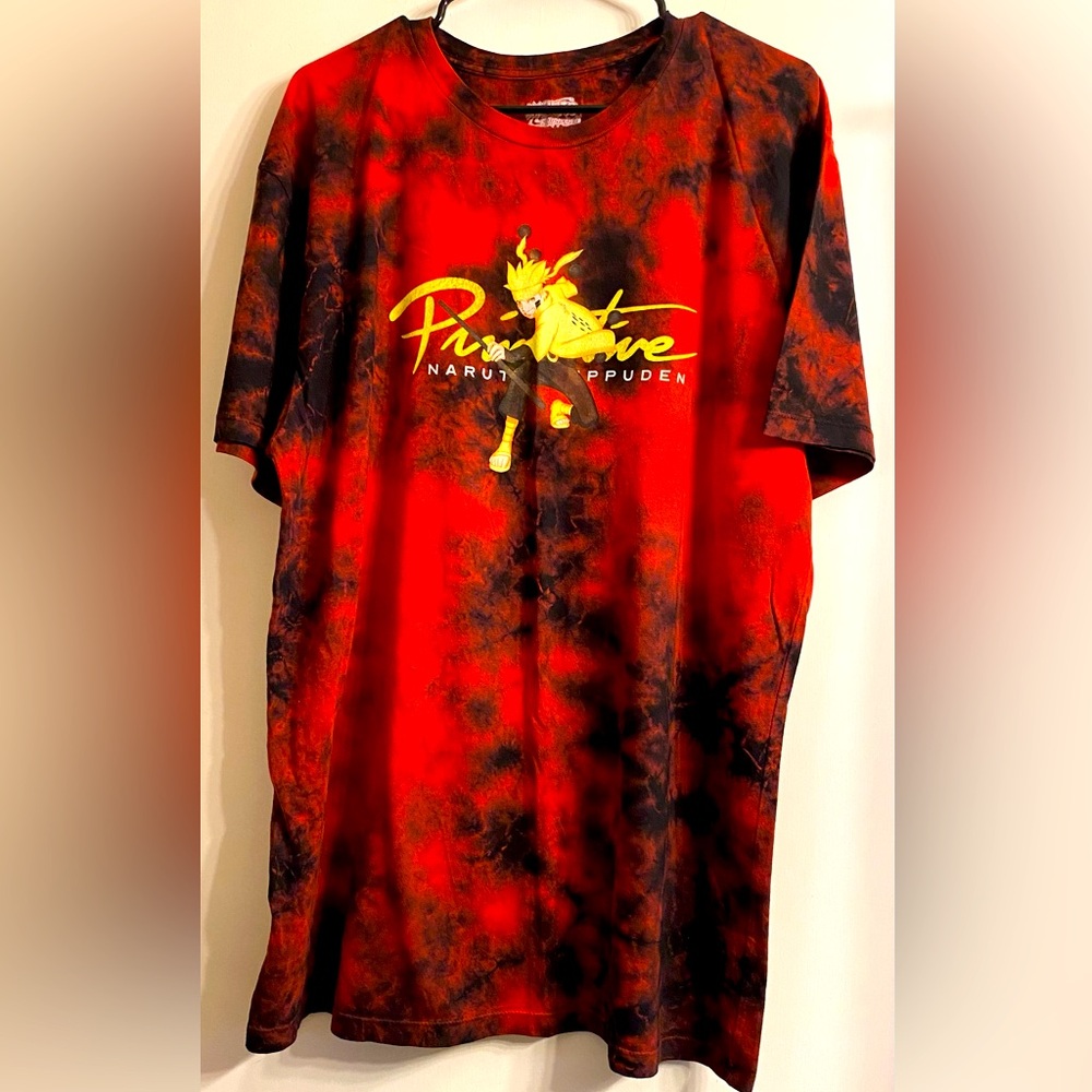 Primitive x Naruto unisex T-Shirt L Red Tie Dye Logo Graphic Short Sleeve Skate.